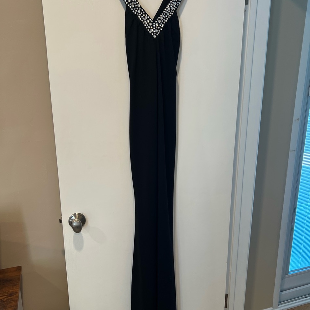Windsor Black V-Neck Evening Gown with Rhinestone Trim